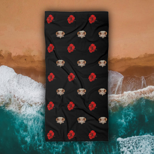 Hibiscus and Owl Skull Beach Towel